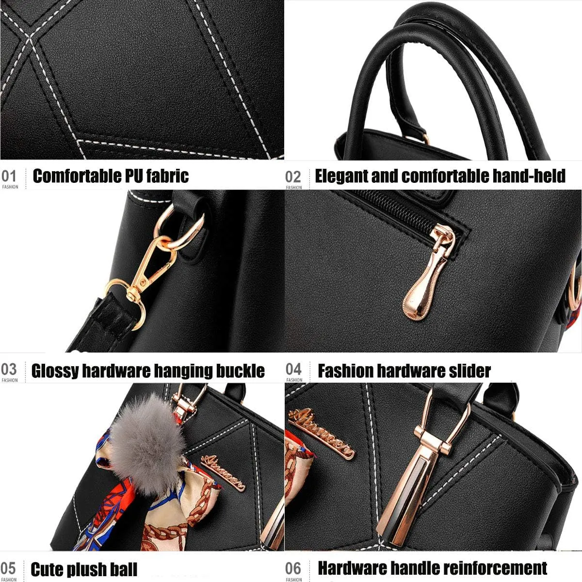 Womens Leather Handbags Purses Top-handle Totes Satchel Shoulder Bag for Ladies With Pompon and Bowknot