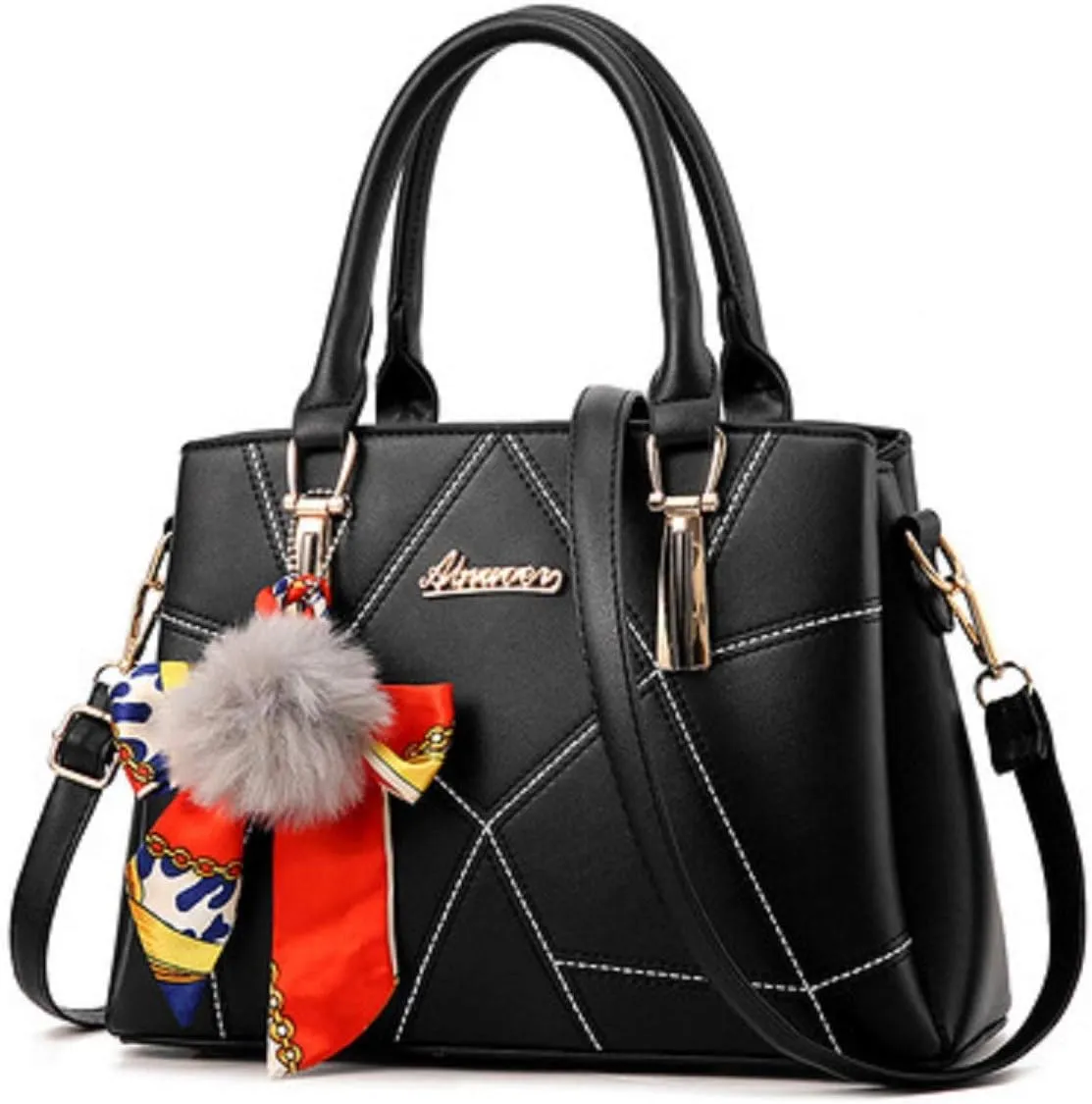 Womens Leather Handbags Purses Top-handle Totes Satchel Shoulder Bag for Ladies With Pompon and Bowknot