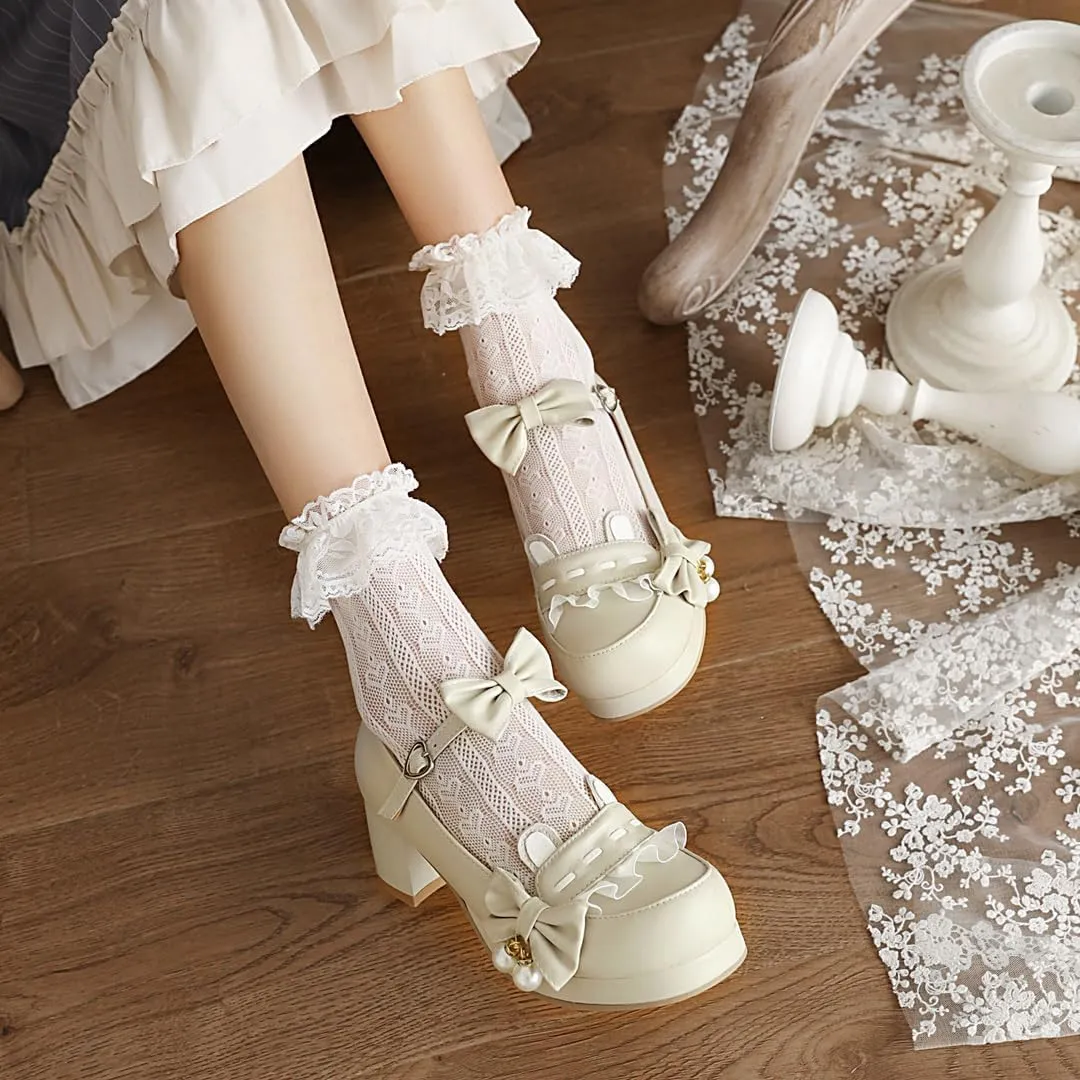 Women's Lolita Mary Jane Heels with Bow, Kawaii Chunky Block Ankle Strap Cosplay Shoes, Cute Dress Platform Mary Jane Pumps