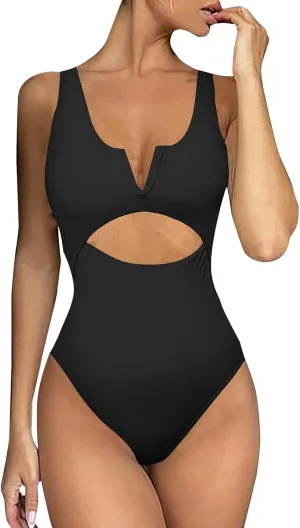 Women's one-Piece Swimsuit V Neck mesh Paneled Summer one-Shoulder Tummy-Controlling Beach Monokini with Chest Pad