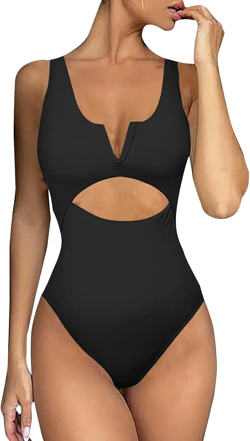 Women's one-Piece Swimsuit V Neck mesh Paneled Summer one-Shoulder Tummy-Controlling Beach Monokini with Chest Pad