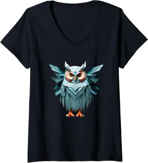 Womens Origami Style Owl in Minimalist Geometric Look V-Neck T-Shirt