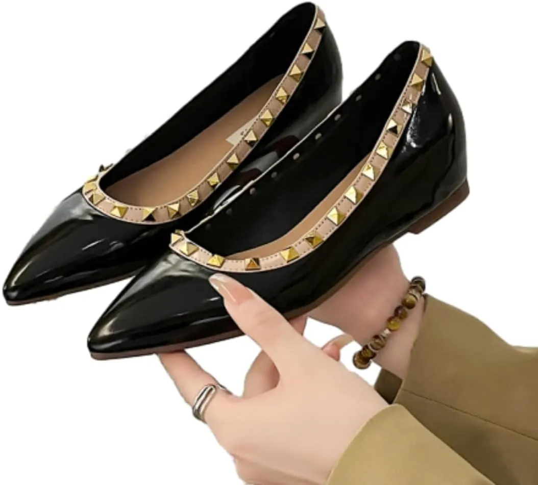 Women's Patent Leather Closed Pointed Toe Rivet Shoes Fashion Adjustable Ankle Strap Rivet Gladiator Flats Dress Shoes for Work Party