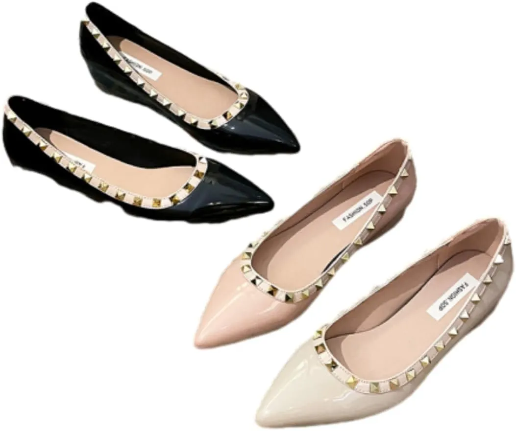 Women's Patent Leather Closed Pointed Toe Rivet Shoes Fashion Adjustable Ankle Strap Rivet Gladiator Flats Dress Shoes for Work Party