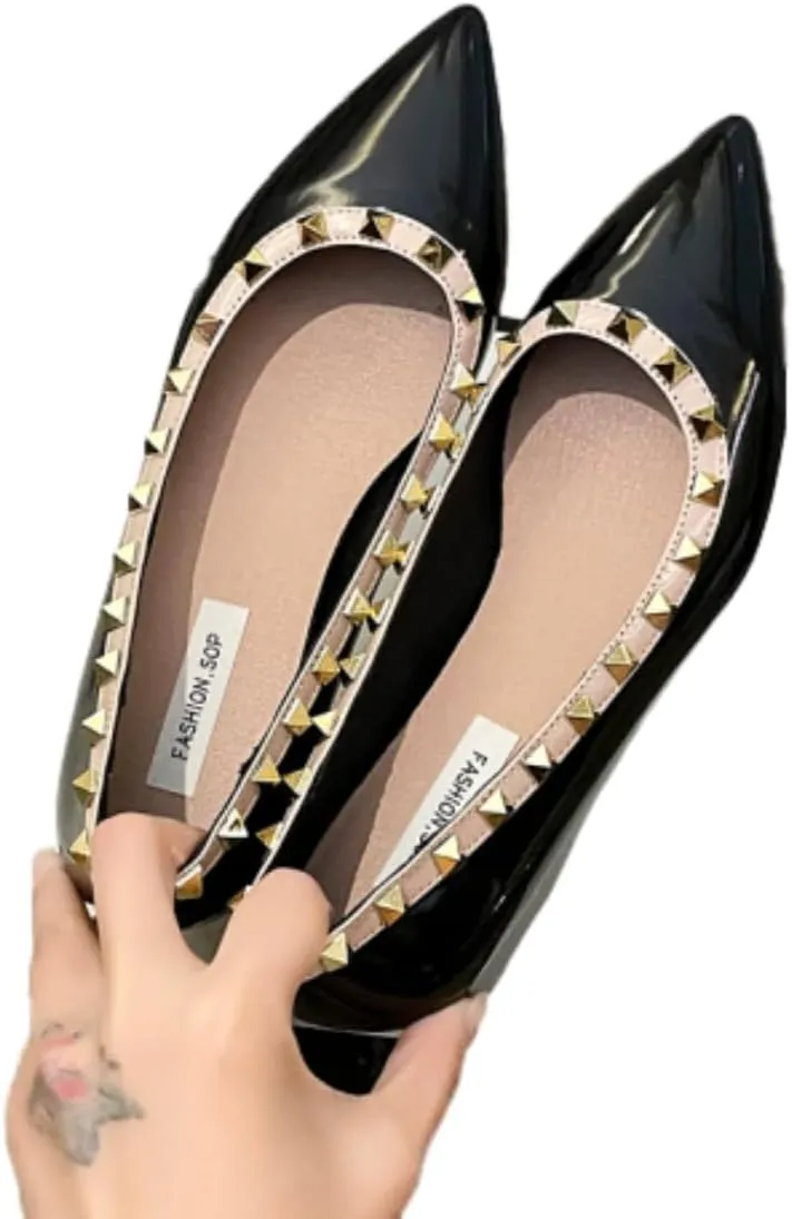 Women's Patent Leather Closed Pointed Toe Rivet Shoes Fashion Adjustable Ankle Strap Rivet Gladiator Flats Dress Shoes for Work Party