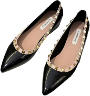 Women's Patent Leather Closed Pointed Toe Rivet Shoes Fashion Adjustable Ankle Strap Rivet Gladiator Flats Dress Shoes for Work Party