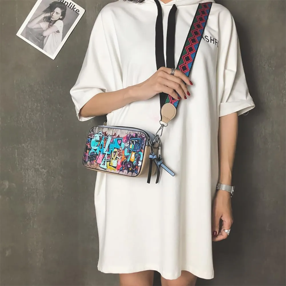 Women's Printed Graffiti Shoulder Bag, PU Hip Hop Fashion Square Crossbody Bag, Retro Casual Multicolor Clutch Purse
