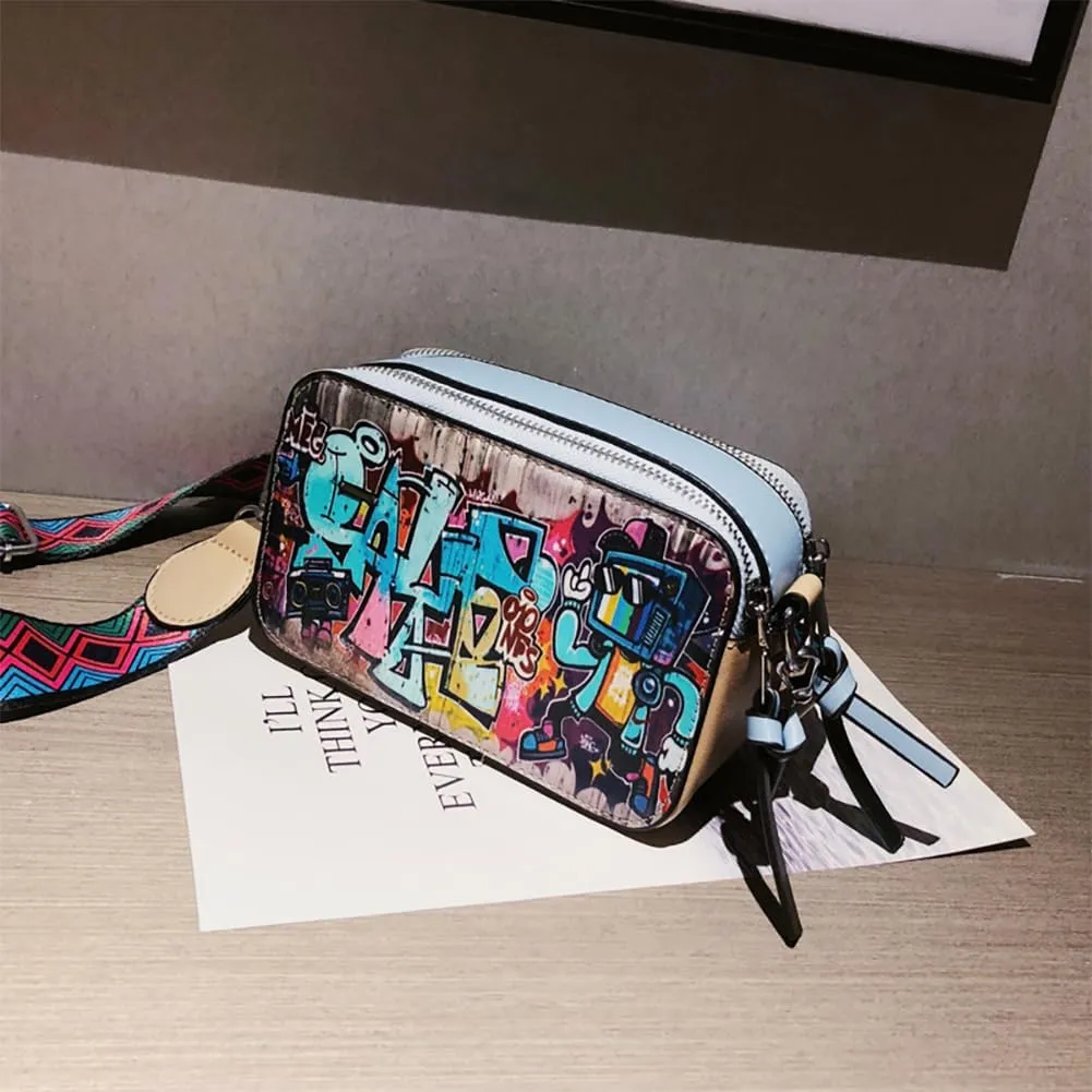 Women's Printed Graffiti Shoulder Bag, PU Hip Hop Fashion Square Crossbody Bag, Retro Casual Multicolor Clutch Purse