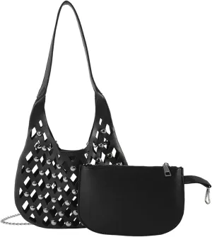 Women's PU Leather Shoulder Bag Punk Rivet Handbag Hollow Crossbody Bag Large Satchel Bag Unique Messenger Bag