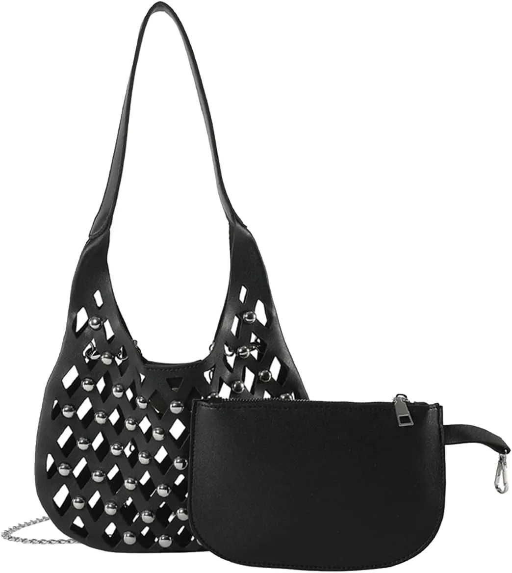 Women's PU Leather Shoulder Bag Punk Rivet Handbag Hollow Crossbody Bag Large Satchel Bag Unique Messenger Bag