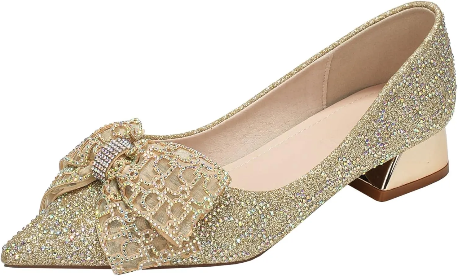 Womens Pumps Comfortable Ladies Dress Shoes Low Heel Pumps Rhinestones Bow Wedding Low Pumps Shoes