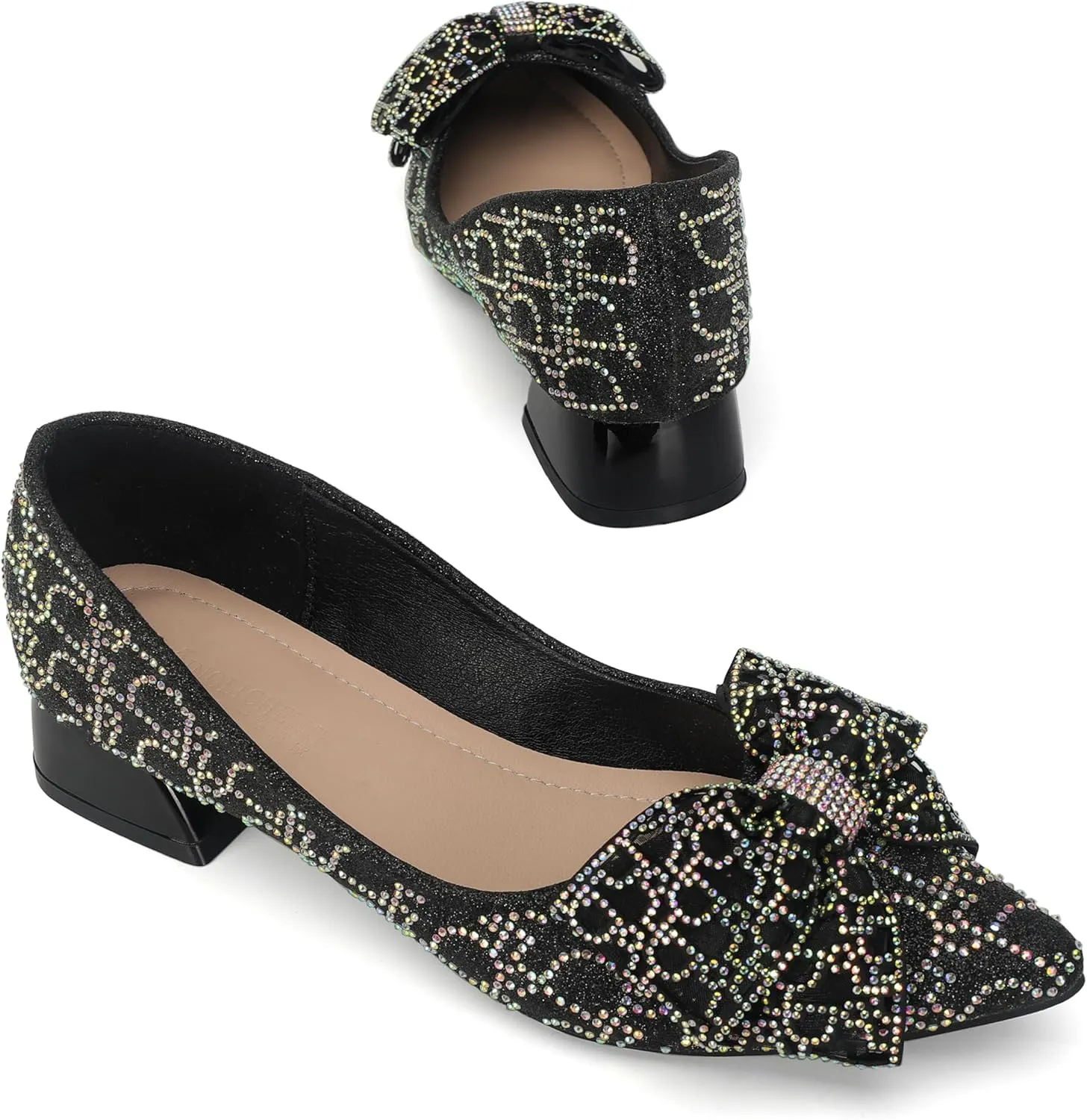 Womens Pumps Comfortable Ladies Dress Shoes Low Heel Pumps Rhinestones Bow Wedding Low Pumps Shoes