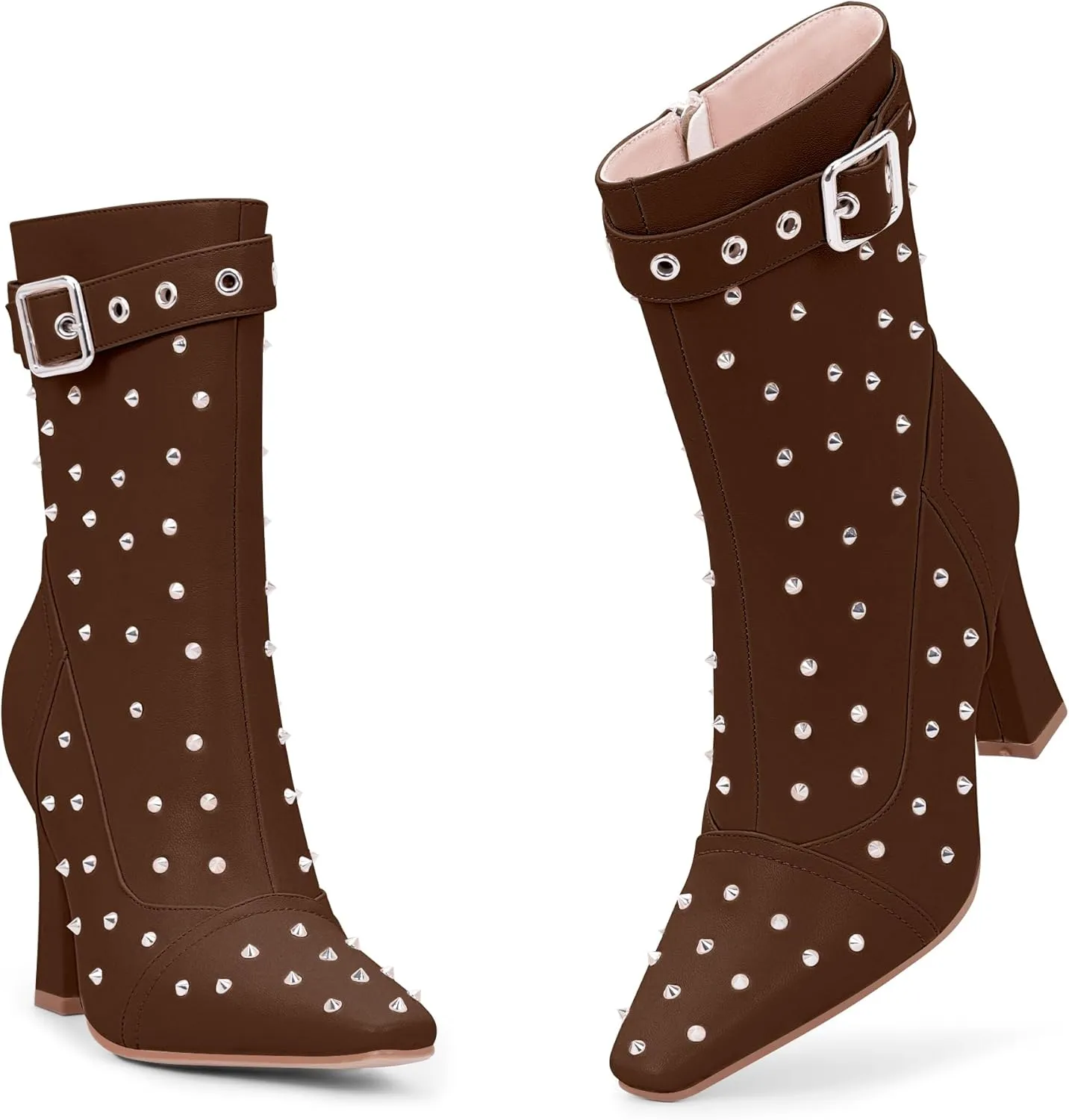 Women's Punk Rivet High Heel Square Toe Ankle Boots Buckle Strap Sexy Booties