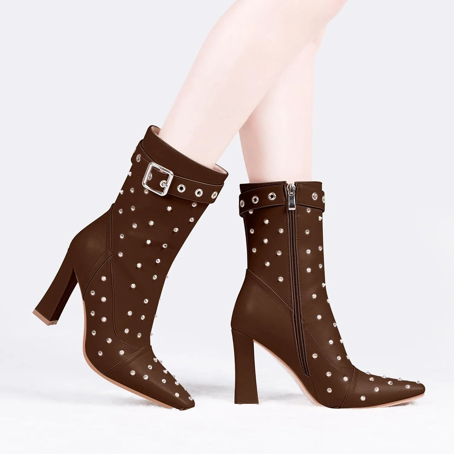 Women's Punk Rivet High Heel Square Toe Ankle Boots Buckle Strap Sexy Booties