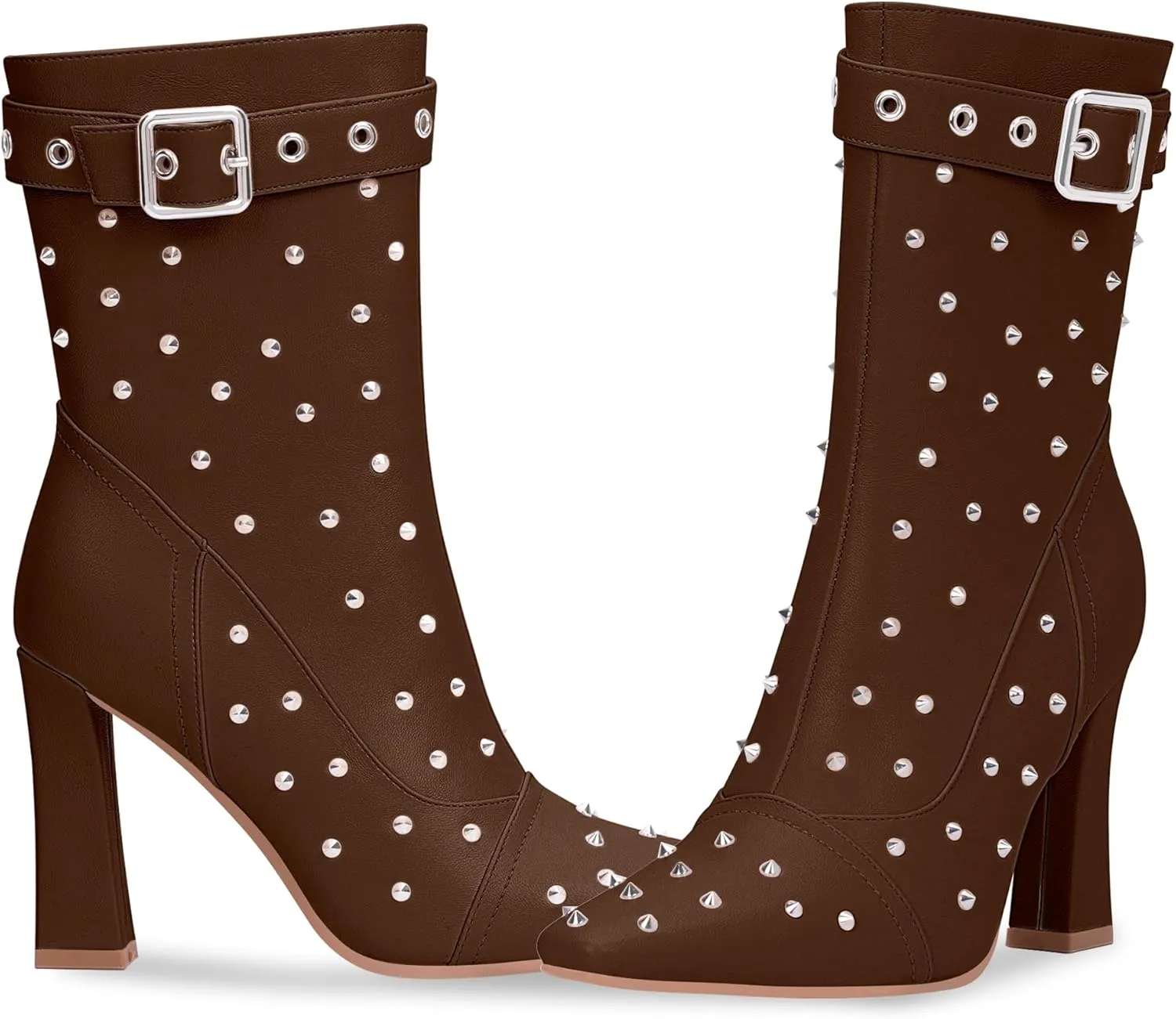 Women's Punk Rivet High Heel Square Toe Ankle Boots Buckle Strap Sexy Booties