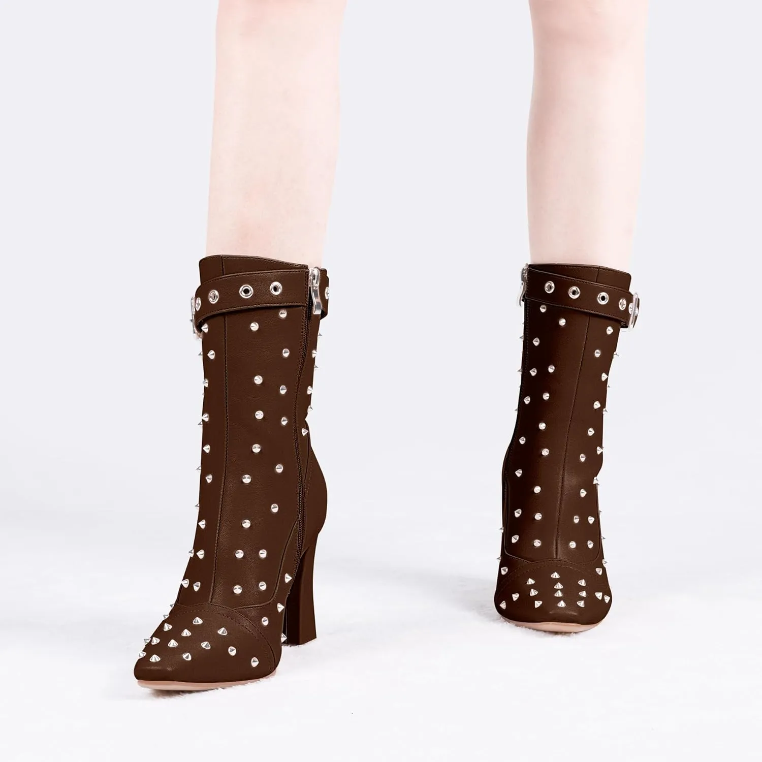 Women's Punk Rivet High Heel Square Toe Ankle Boots Buckle Strap Sexy Booties