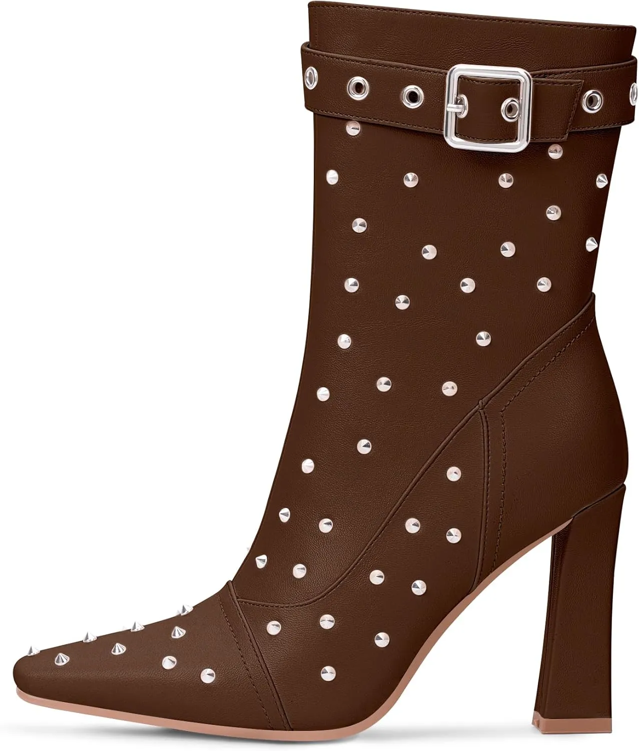 Women's Punk Rivet High Heel Square Toe Ankle Boots Buckle Strap Sexy Booties