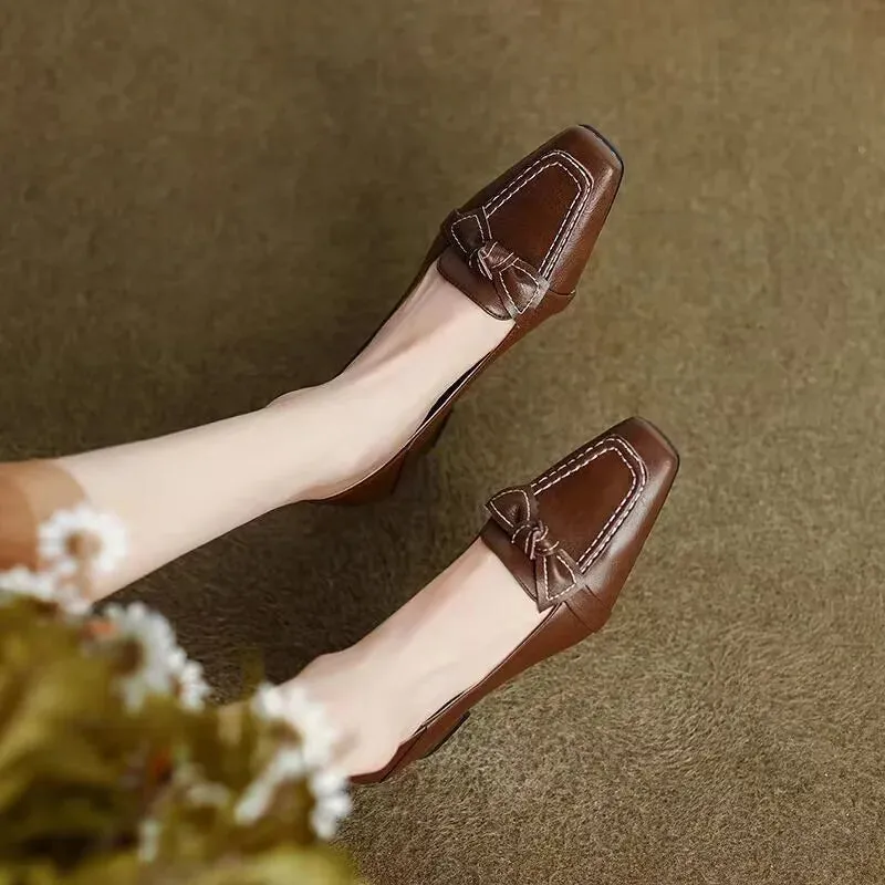 Women's Retro Bowknot High Elegant Square Toe Stiletto Chunky Slip-On Casual Party Dress Pumps Solid 5cm Spring Autumn Fashion