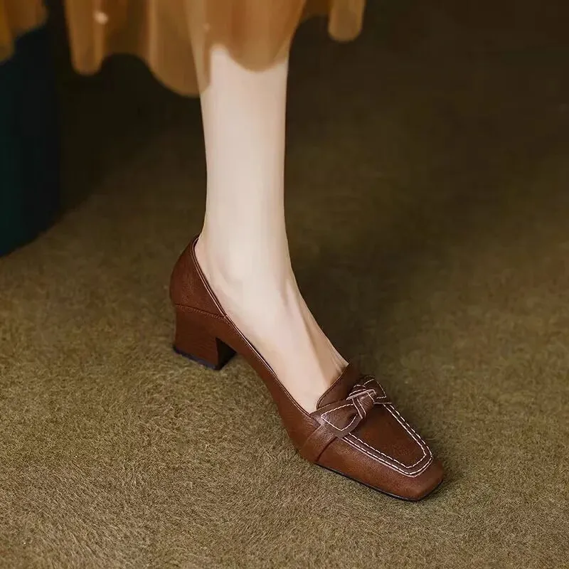 Women's Retro Bowknot High Elegant Square Toe Stiletto Chunky Slip-On Casual Party Dress Pumps Solid 5cm Spring Autumn Fashion