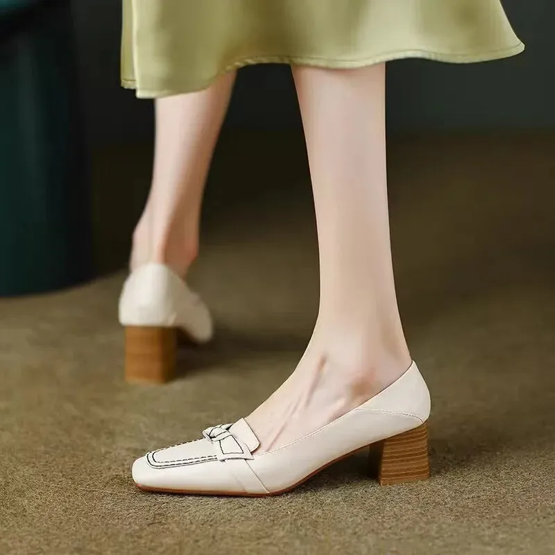 Women's Retro Bowknot High Elegant Square Toe Stiletto Chunky Slip-On Casual Party Dress Pumps Solid 5cm Spring Autumn Fashion