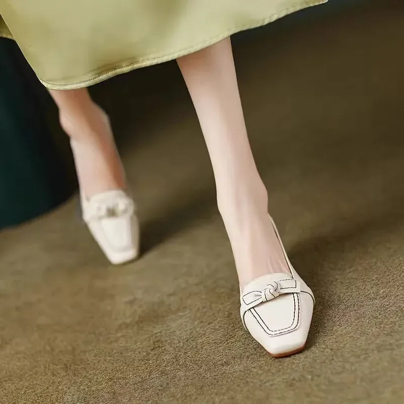 Women's Retro Bowknot High Elegant Square Toe Stiletto Chunky Slip-On Casual Party Dress Pumps Solid 5cm Spring Autumn Fashion