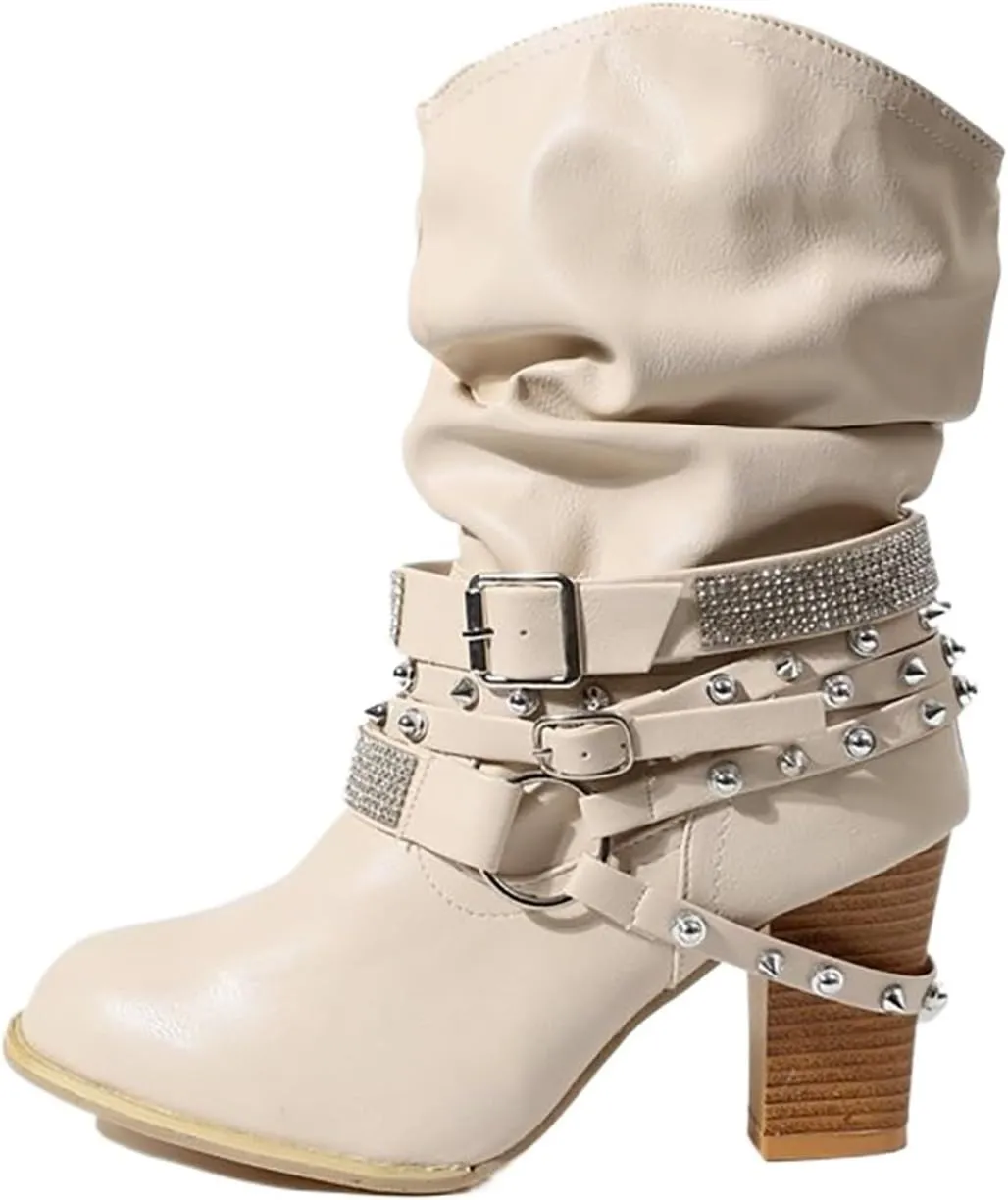 Women's Rivet Belt Buckle Booties Chunky Heel Slip-On Short Boots
