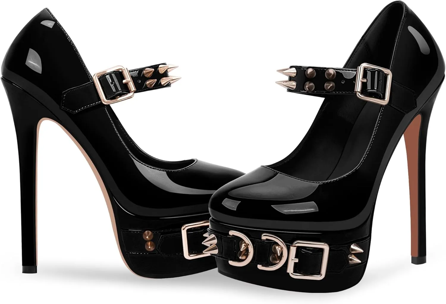 Women's Rivet Goth High Stiletto Heel Plafrom Mary Janes Pumps Rivet Buckle Strap Punk Shoes