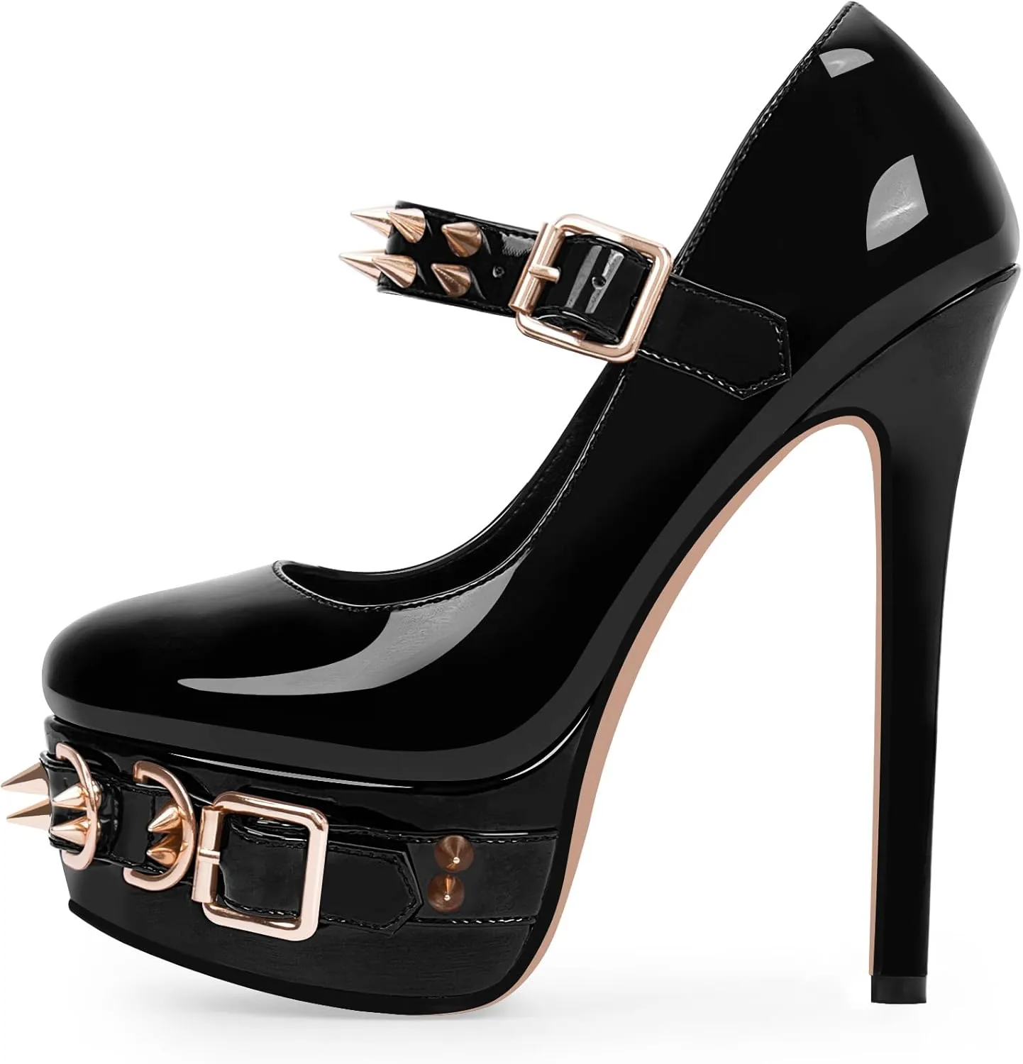 Women's Rivet Goth High Stiletto Heel Plafrom Mary Janes Pumps Rivet Buckle Strap Punk Shoes