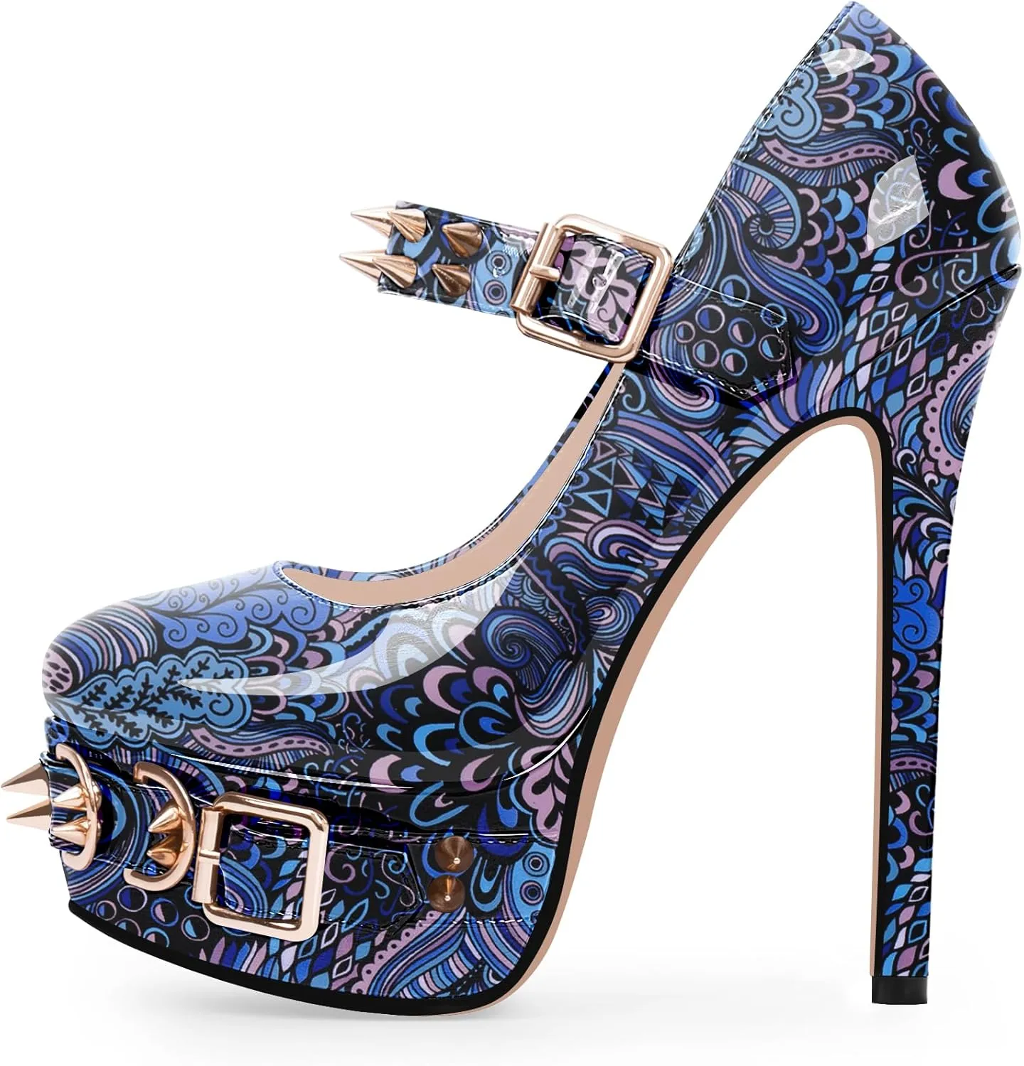 Women's Rivet Goth High Stiletto Heel Plafrom Mary Janes Pumps Rivet Buckle Strap Punk Shoes