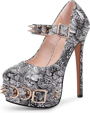 Women's Rivet Goth High Stiletto Heel Plafrom Mary Janes Pumps Rivet Buckle Strap Punk Shoes