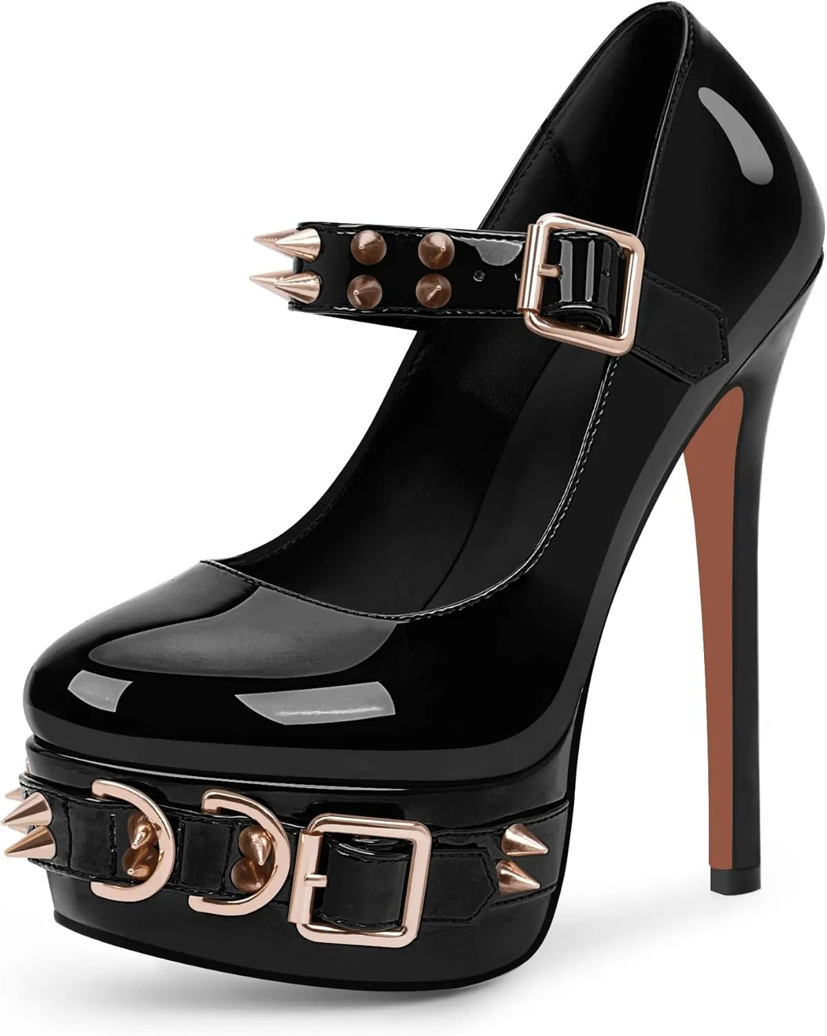 Women's Rivet Goth High Stiletto Heel Plafrom Mary Janes Pumps Rivet Buckle Strap Punk Shoes
