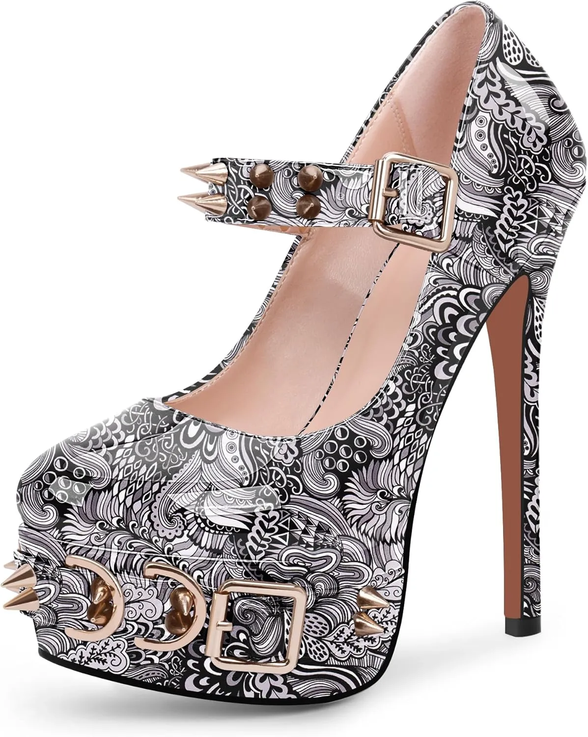 Women's Rivet Goth High Stiletto Heel Plafrom Mary Janes Pumps Rivet Buckle Strap Punk Shoes