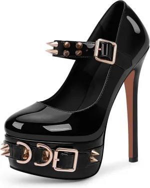 Women's Rivet Goth High Stiletto Heel Plafrom Mary Janes Pumps Rivet Buckle Strap Punk Shoes