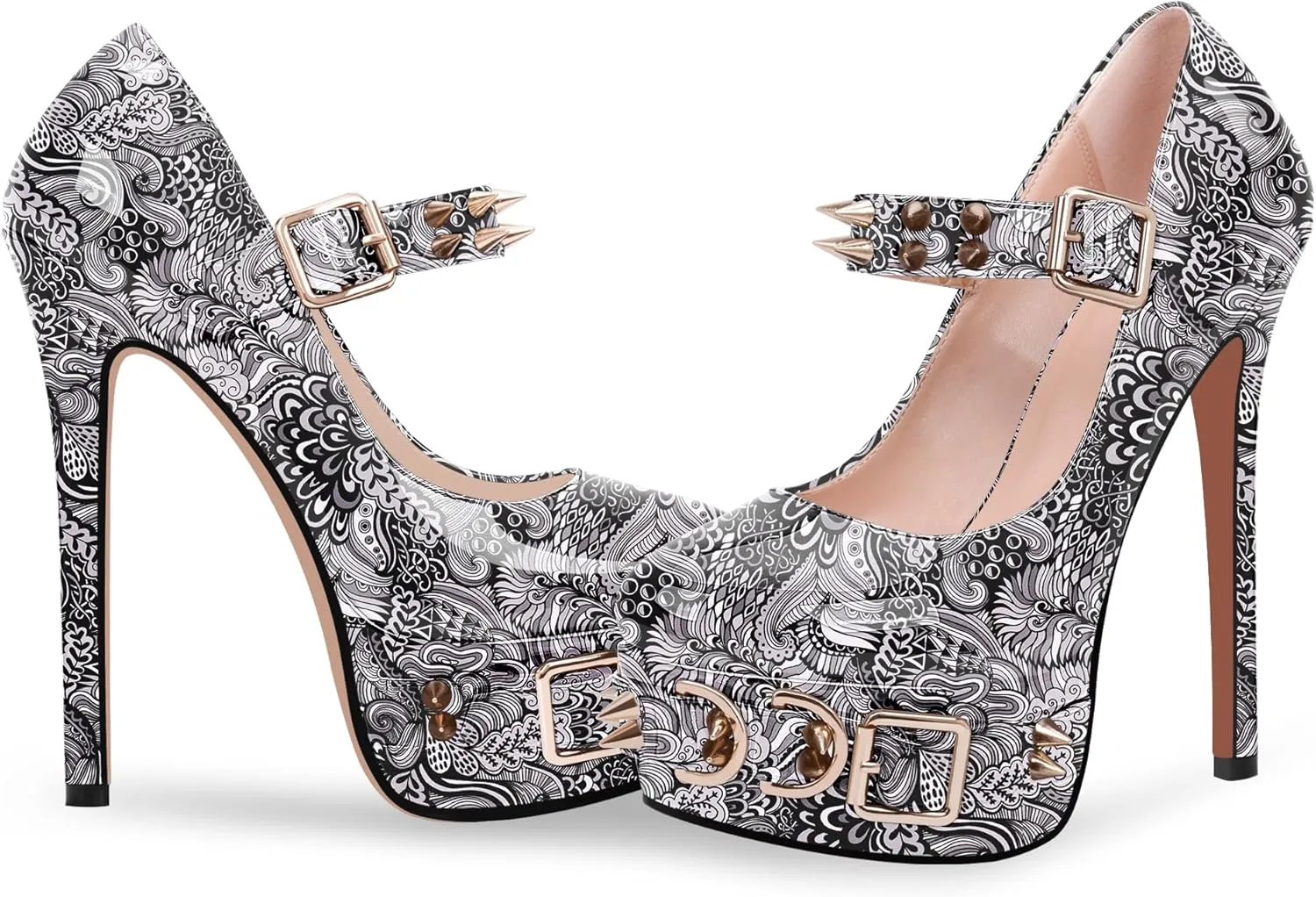 Women's Rivet Goth High Stiletto Heel Plafrom Mary Janes Pumps Rivet Buckle Strap Punk Shoes