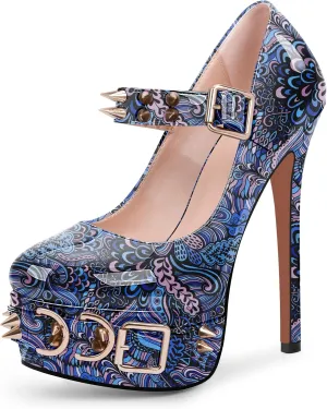 Women's Rivet Goth High Stiletto Heel Plafrom Mary Janes Pumps Rivet Buckle Strap Punk Shoes