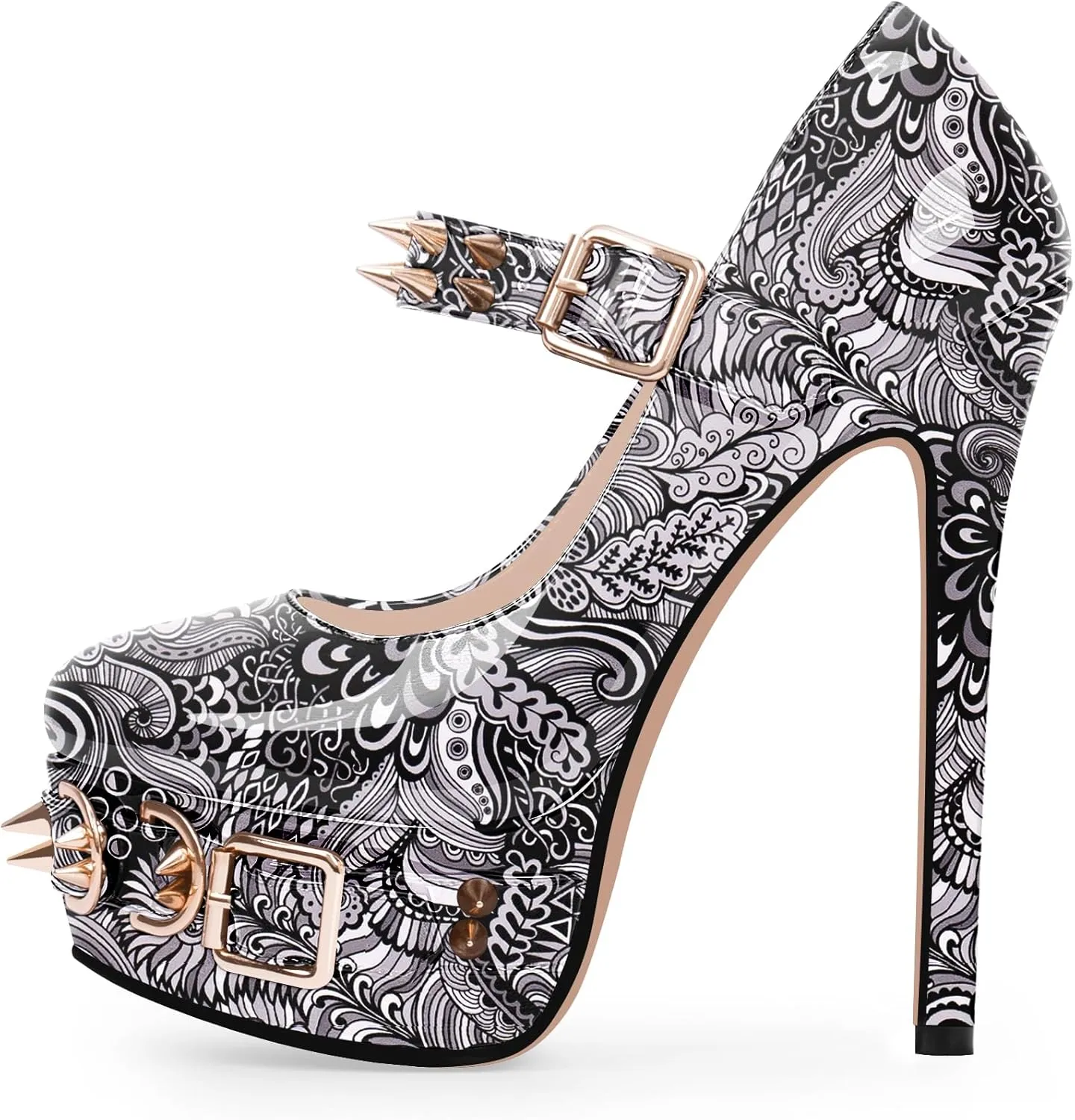 Women's Rivet Goth High Stiletto Heel Plafrom Mary Janes Pumps Rivet Buckle Strap Punk Shoes