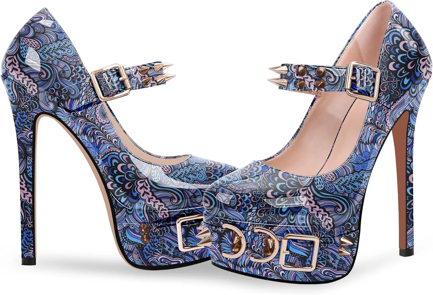 Women's Rivet Goth High Stiletto Heel Plafrom Mary Janes Pumps Rivet Buckle Strap Punk Shoes