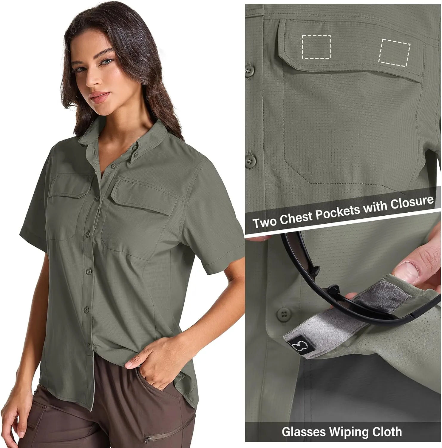 Womens Safari Hiking Sun Shirts Sun Protection Quick Dry Short Sleeve Button Shirts