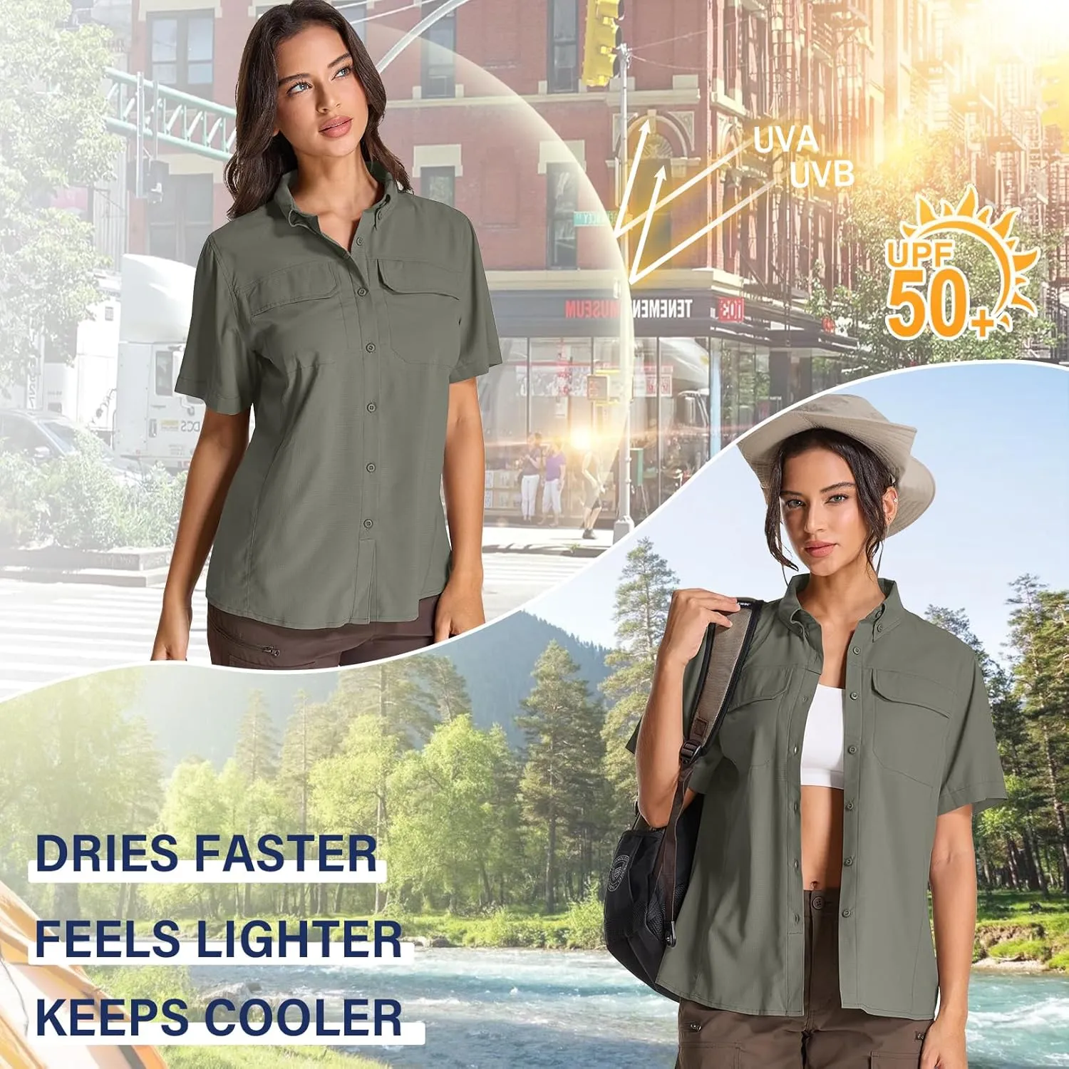 Womens Safari Hiking Sun Shirts Sun Protection Quick Dry Short Sleeve Button Shirts