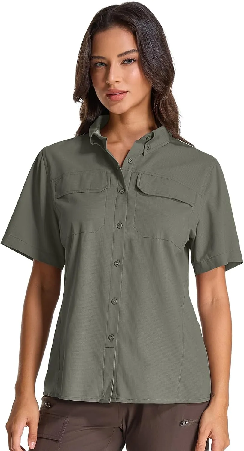 Womens Safari Hiking Sun Shirts Sun Protection Quick Dry Short Sleeve Button Shirts