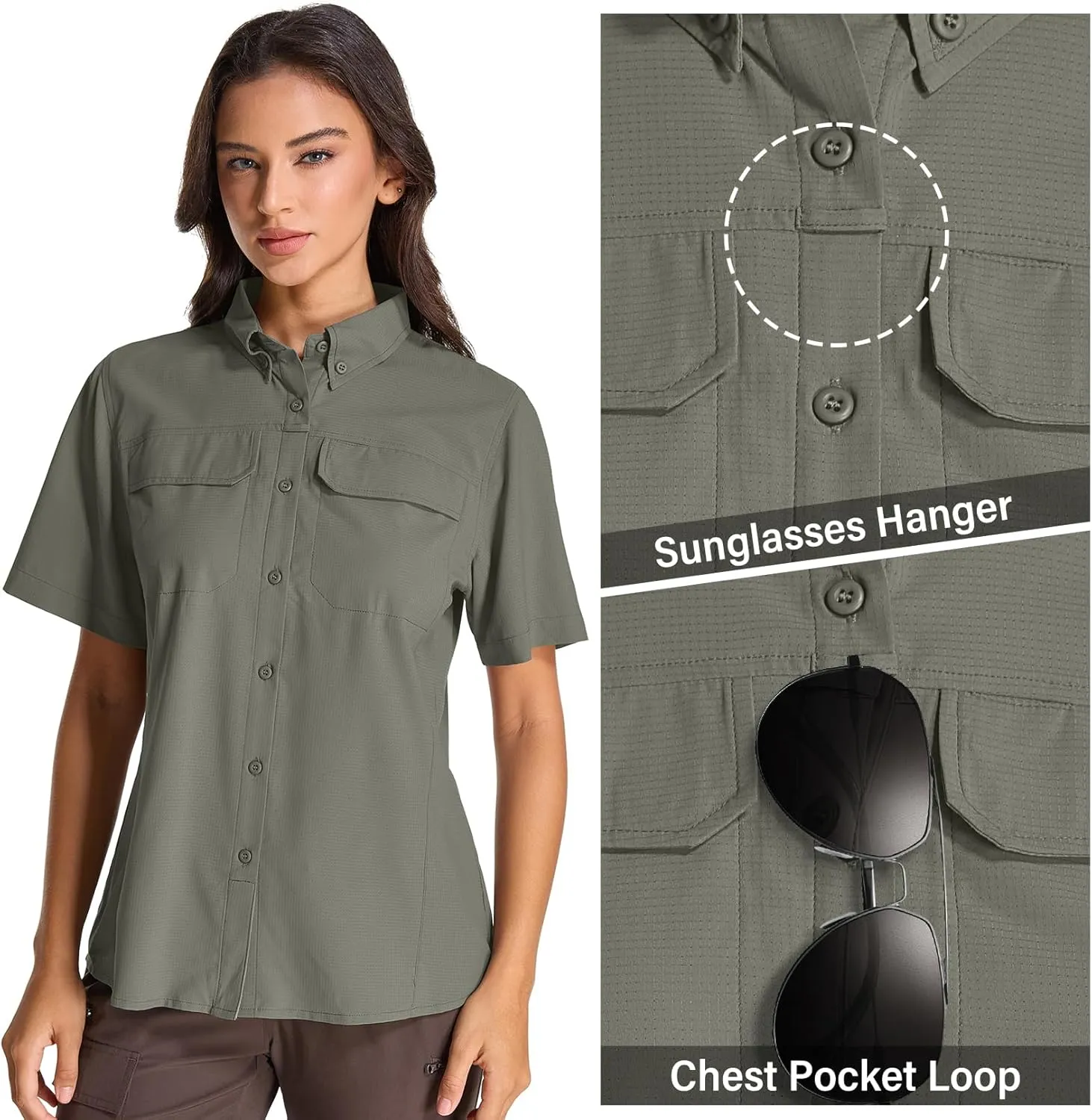 Womens Safari Hiking Sun Shirts Sun Protection Quick Dry Short Sleeve Button Shirts
