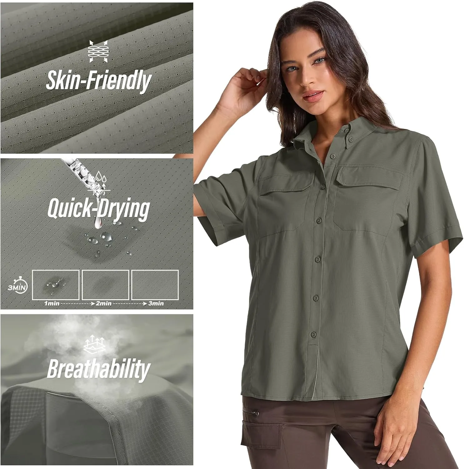 Womens Safari Hiking Sun Shirts Sun Protection Quick Dry Short Sleeve Button Shirts