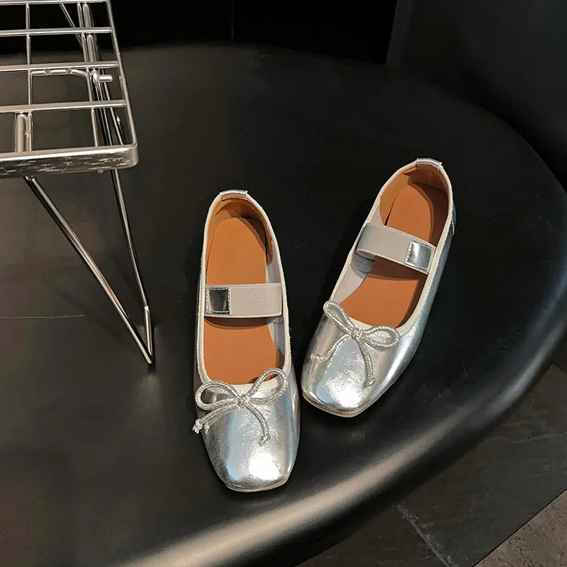 Women's Sheepskin Square Toe Low Heel Block Bowknot Balletheels