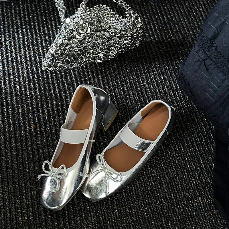 Women's Sheepskin Square Toe Low Heel Block Bowknot Balletheels