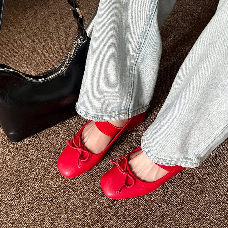 Women's Sheepskin Square Toe Low Heel Block Bowknot Balletheels