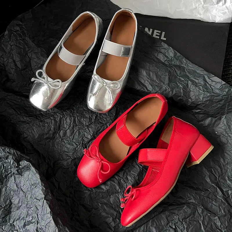 Women's Sheepskin Square Toe Low Heel Block Bowknot Balletheels