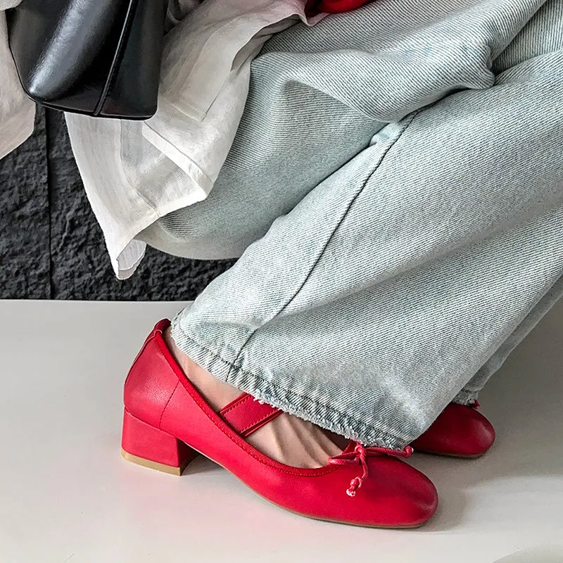 Women's Sheepskin Square Toe Low Heel Block Bowknot Balletheels