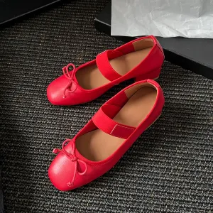 Women's Sheepskin Square Toe Low Heel Block Bowknot Balletheels