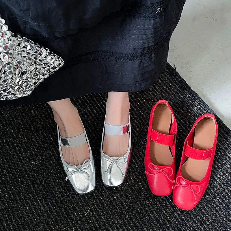 Women's Sheepskin Square Toe Low Heel Block Bowknot Balletheels