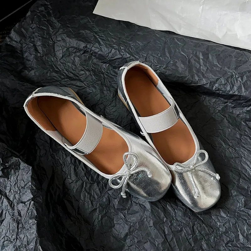 Women's Sheepskin Square Toe Low Heel Block Bowknot Balletheels